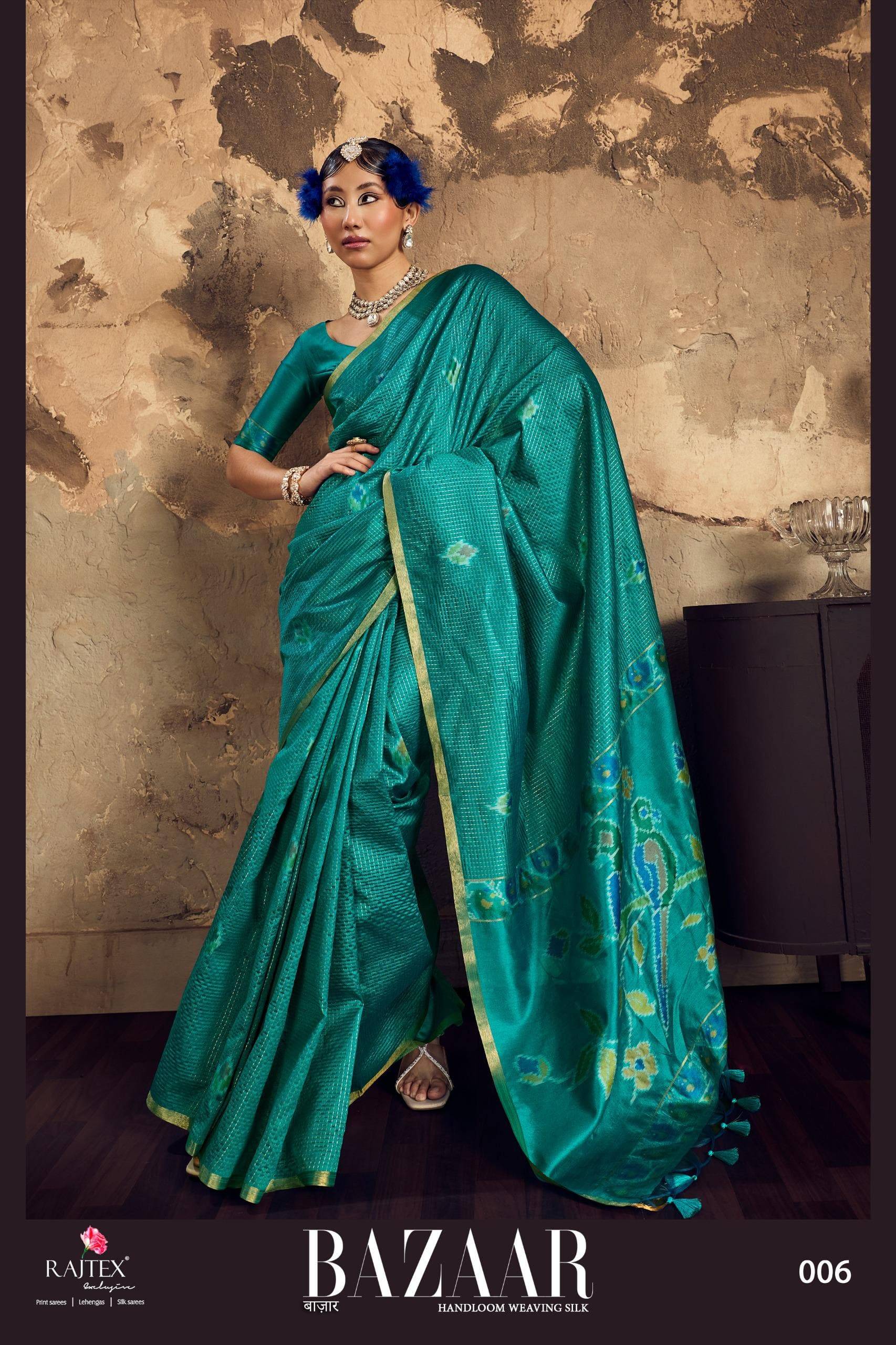 BAZAAR BY RAJ TEX 001 to 006 Series Indian Traditional Wear Collection Beautiful Stylish Fancy Colorful Party Wear & Occasional Wear Satin Crepe Sarees At Wholesale Price